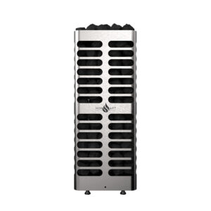 homecraft revive heater, tall and cylindrical, made of steel and contains lots of rocks